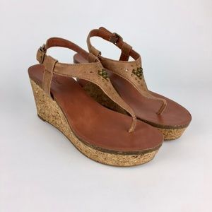 Lucky Brand Womens Narnie Cork Wedge Sandals Tan Leather Studded Thong size 9.5